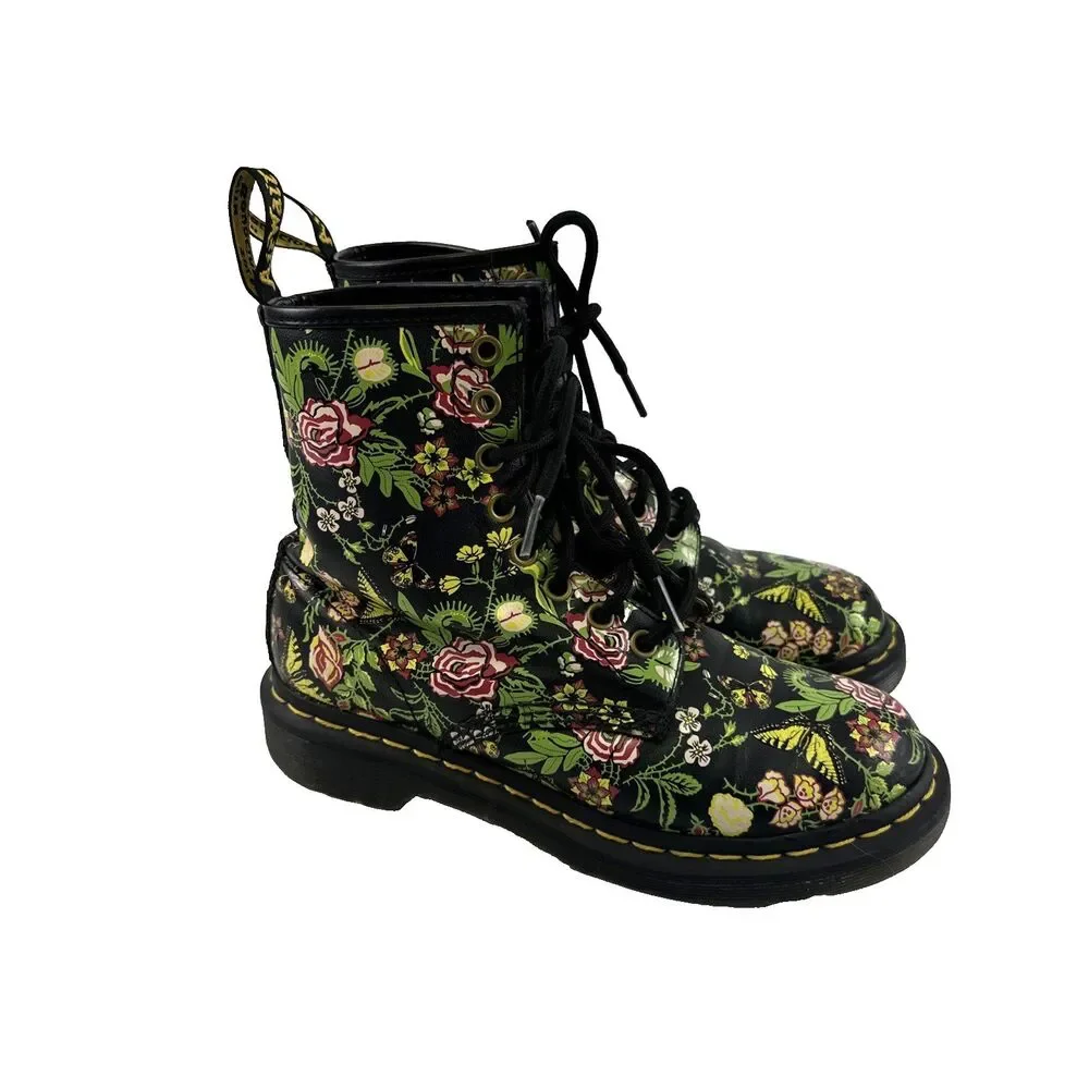 Dr Martens Floral Bloom Leather Combat Boot Lace Up Ankle Black Pink Womens 6 - Picture 2 of 13